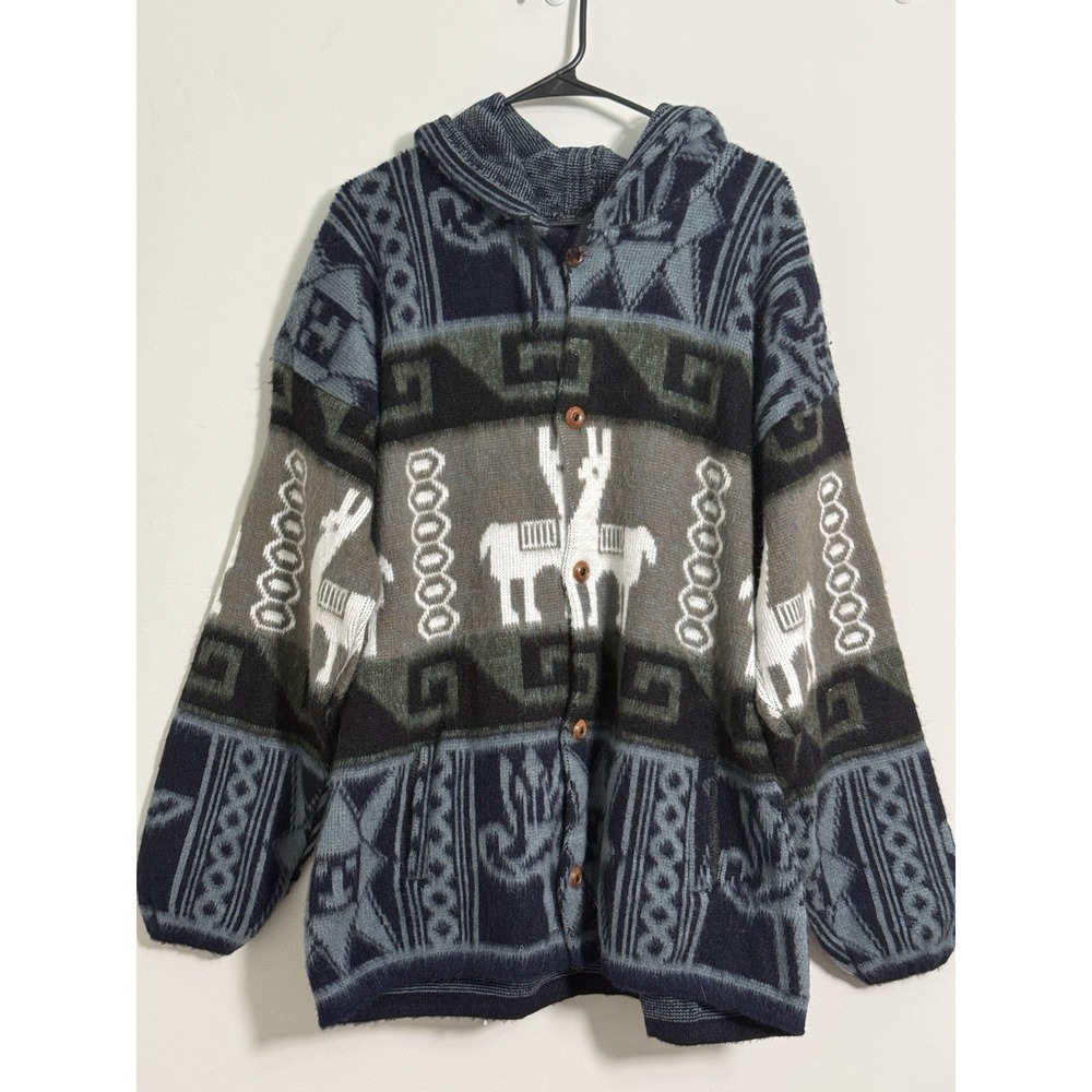 Vintage Tejidos Ruminahui Wool Alpaca Zip Up Sweater Jacket Ecuador Mens L/XL